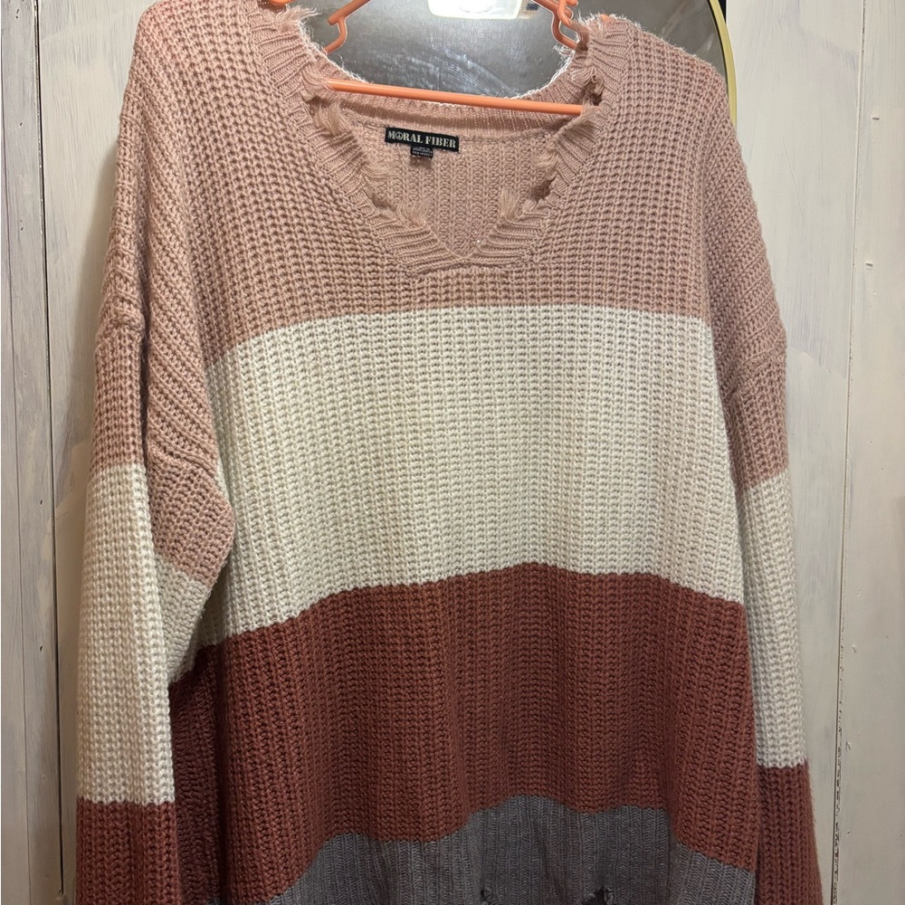 Moral Fiber Women's V-Neck Striped Sweater - Pink, Cream, and Brown